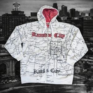 vtg Y2K Beyond The Limit White Kansas City Map Fleece Jacket Hoodie Sz XXL